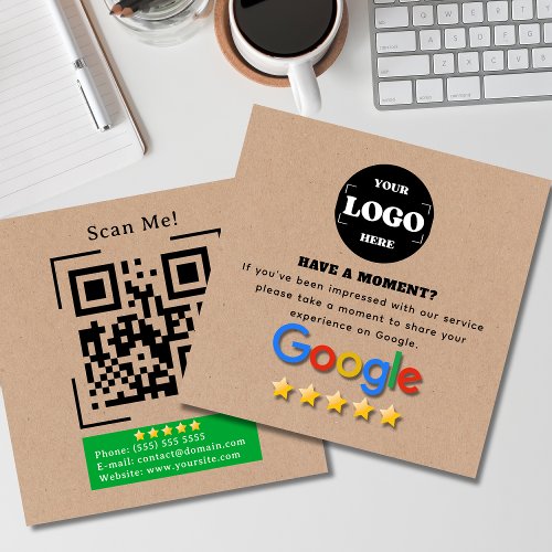 Google Review With QR Code Link Kraft Rustic Square Business Card