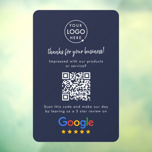 Google Reviews Business Review Link QR Code Navy Window Cling Zazzle