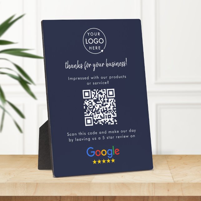 Google Reviews Easel Sign | QR Code Display Plaque (Google Review interactive QR code tabletop easel plaque sign branded with your company logo.)