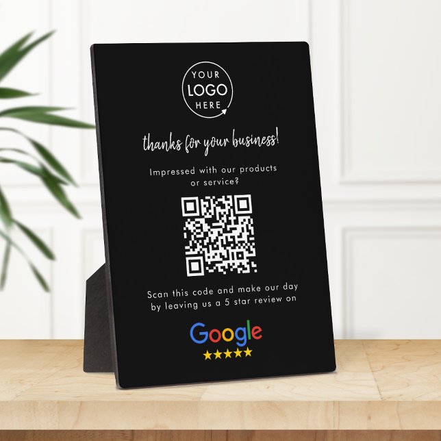 Google Reviews Easel Sign | QR Code Display Plaque (Google Review interactive QR code tabletop easel plaque sign branded with your company logo.)