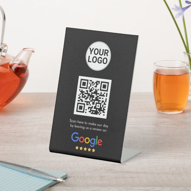 Google Reviews QR Code Dark Theme Custom Logo Pedestal Sign (In SItu)