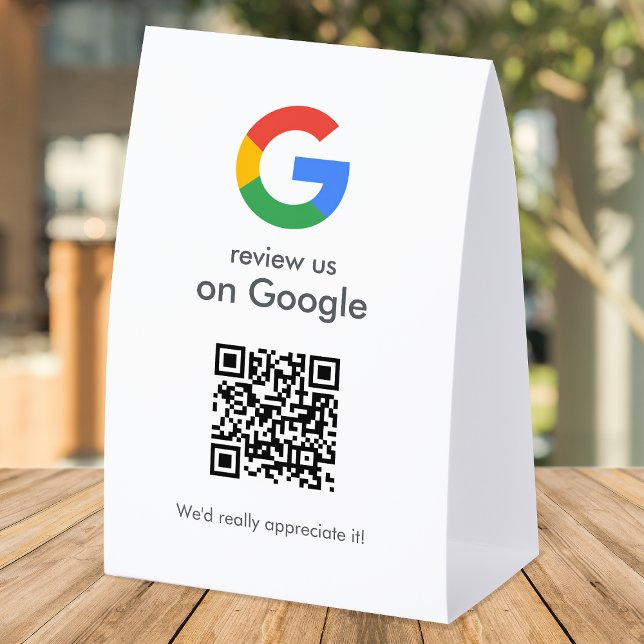 Google Reviews Tabletop Sign | QR Code Pedestal (Gain Google reviews & grow your business with this editable rating request paper table tent sign.)