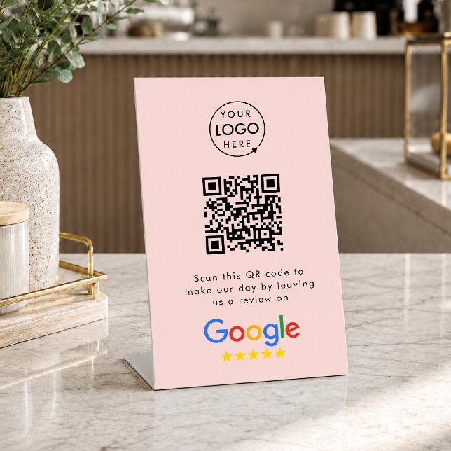 Google Reviews Tabletop Sign | QR Code Pedestal (Gain Google reviews & grow your business with this editable call-to-action rating request signage.)