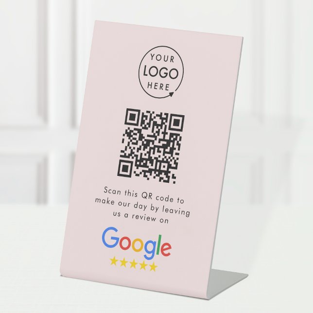 Google Reviews Tabletop Sign | QR Code Pedestal (Google Review interactive QR code tabletop signs branded with your company logo.)
