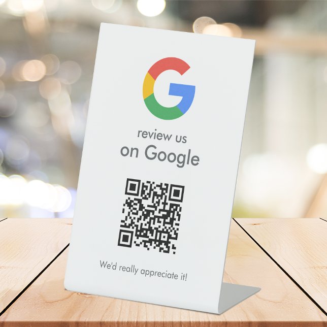 Google Reviews Tabletop Sign | QR Code Pedestal (Gain Google reviews & grow your business with this editable  rating request tabletop sign.)
