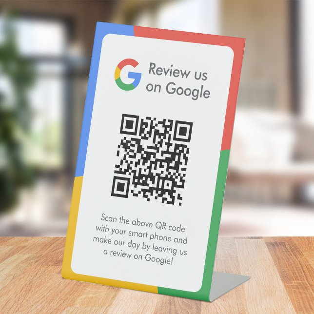 Google Reviews Tabletop Sign | QR Code Pedestal (Gain Google reviews & grow your business with this editable rating request tabletop sign.)
