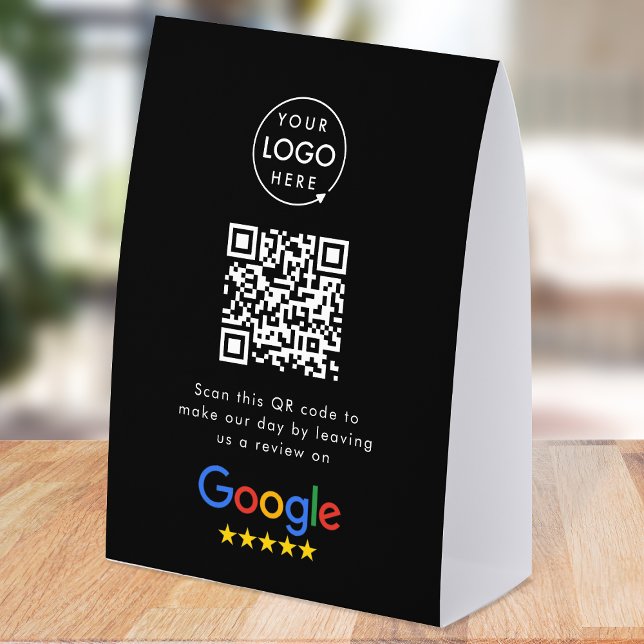 Google Reviews Tabletop Sign | QR Code Table Tent (Google Review interactive QR code paper table tent signs branded with your company logo.)