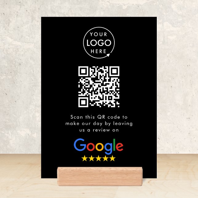 Google Reviews Tabletop Sign | QR Code Wood Block (Google Review interactive QR code wood block tabletop signs branded with your company logo.)