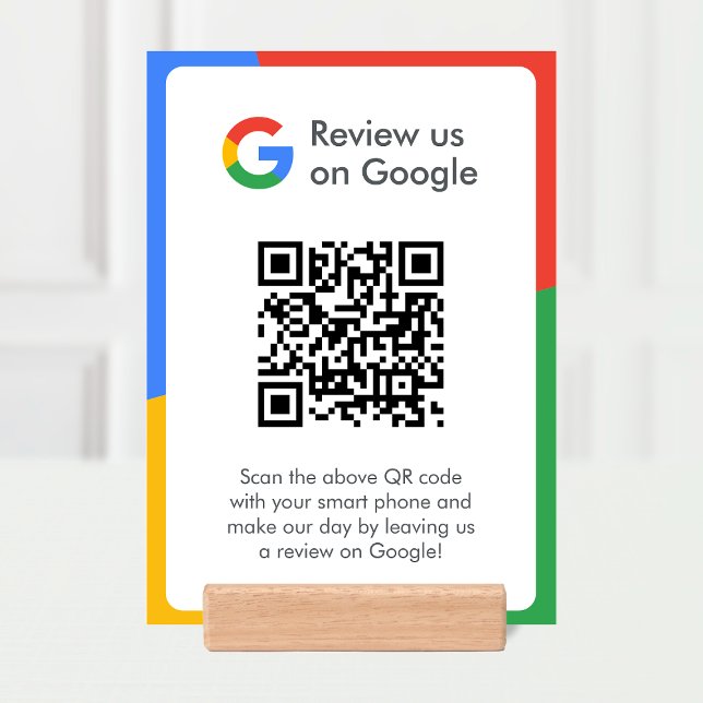 Google Reviews Tabletop Sign | QR Code Wood Block (Gain Google reviews & grow your business with this editable rating request tabletop sign.)