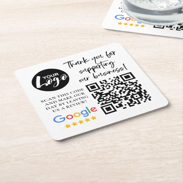 Google Reviews Thank You Logo QR Code Square Paper Coaster (Angled)