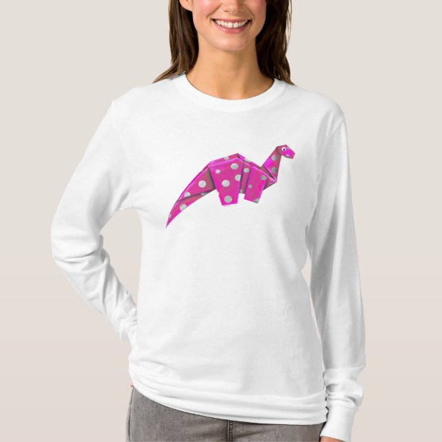 Googly-Eyed Origami Brachiosaur - Pink T-Shirt (Front)