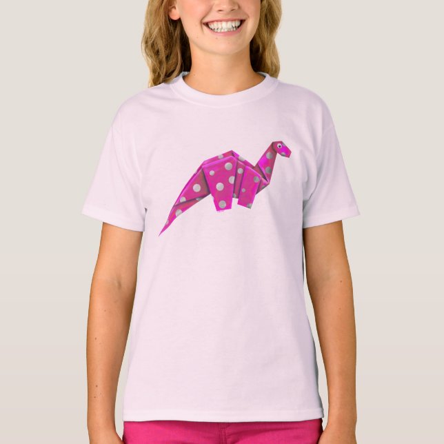 Googly-Eyed Origami Brachiosaur - Pink T-Shirt (Front)