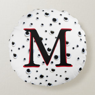 Googly Eyes Black and White Red Trendy Monogram Round Pillow