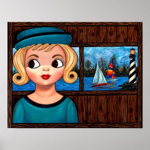 Googly Girl Sailor Head Vase Lighthouse Sailboat Poster