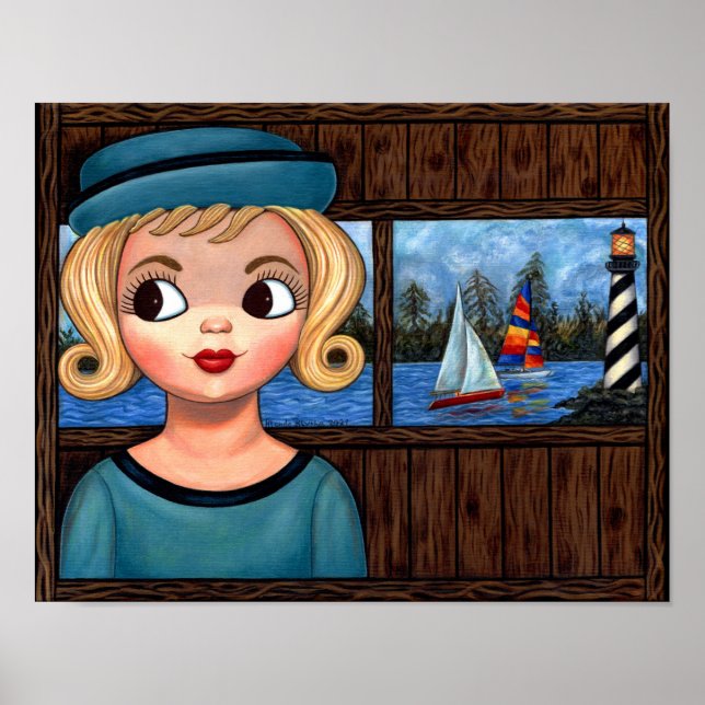 Googly Girl Sailor Head Vase Lighthouse Sailboat Poster (Front)