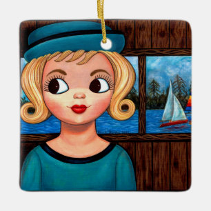 Googly Girl Sailor Head Vase Sailboat Cute Big Eye Ceramic Ornament