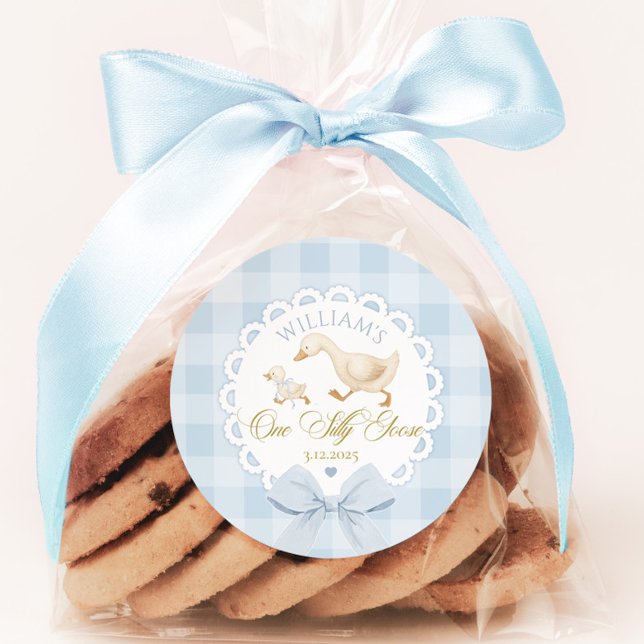 Goose 1st Birthday Blue gingham One Silly Goose Classic Round Sticker (Creator Uploaded)