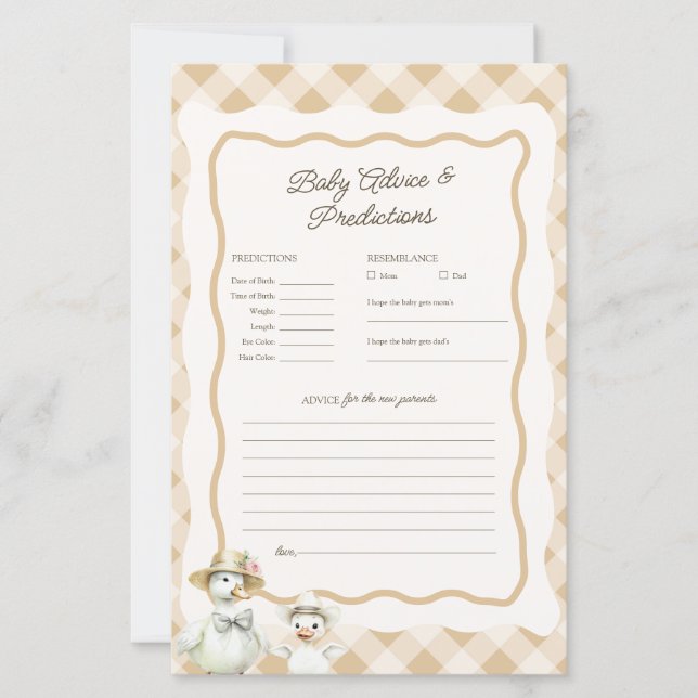 Goose Baby Predictions & Advice Baby Shower Game (Front)