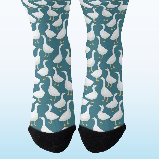 Goose Bird Pattern Teal Green Socks (Goose geese pattern socks for farmers and bird lovers)