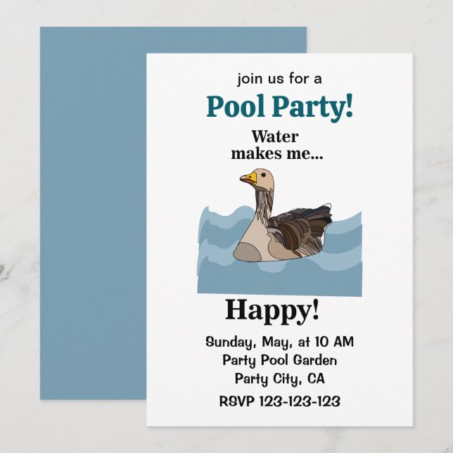 Goose Bird Swimming In Water Pool Party Invitation (Front/Back)