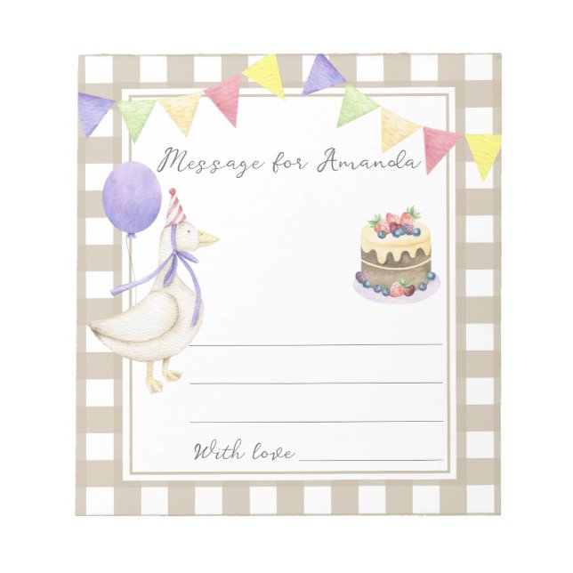 Goose birthday time capsule message notepad (Front)