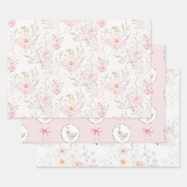 Goose Blush pink Elegant Pastel Bow Birthday  Wrapping Paper Sheets (Set)