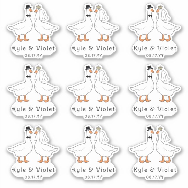 Goose Bride & Groom Illustration with Names & Date Sticker (Front)