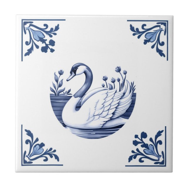Goose Delft Blue and White Floral Corners Bird Ceramic Tile (Front)