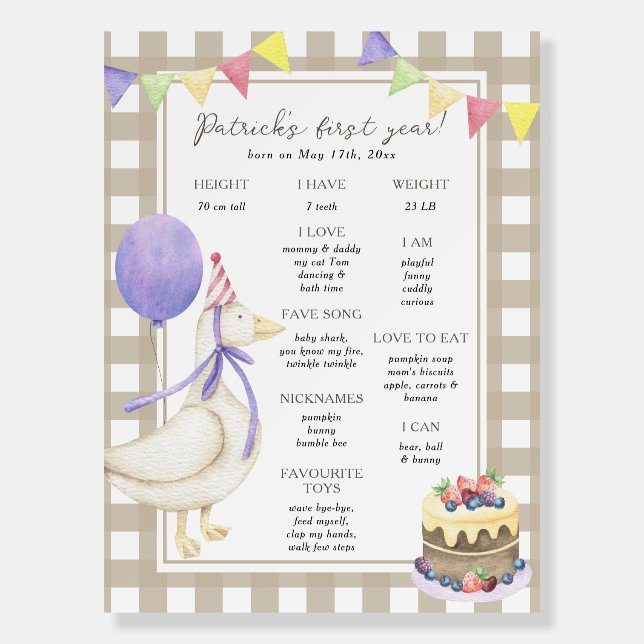 Goose First Birthday Milestone Birthday Foam Board (Front)