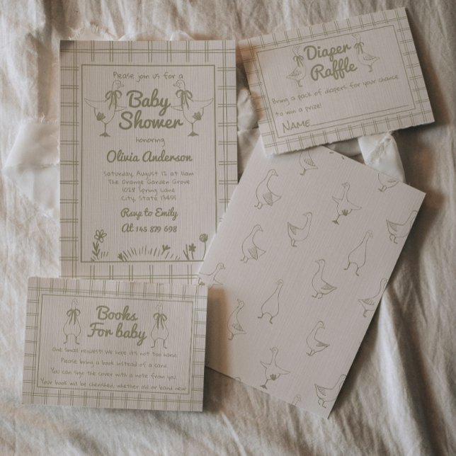 Goose Hand Drawn Green Neutral Classic Baby Shower Invitation (Creator Uploaded)