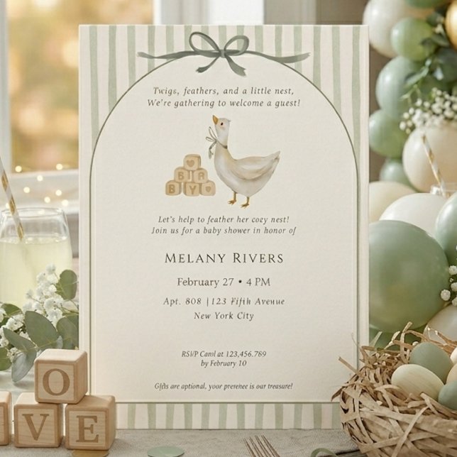 Goose Neutral Sage Green Bow Baby Shower Invitation (Goose Neutral Sage Green Bow Baby Shower Invitation)