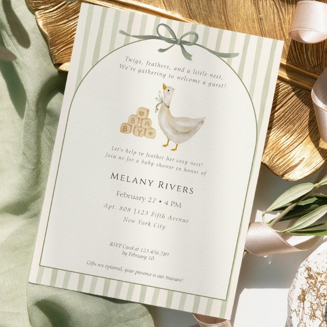 Goose Neutral Sage Green Bow Baby Shower Invitation (Creator Uploaded)