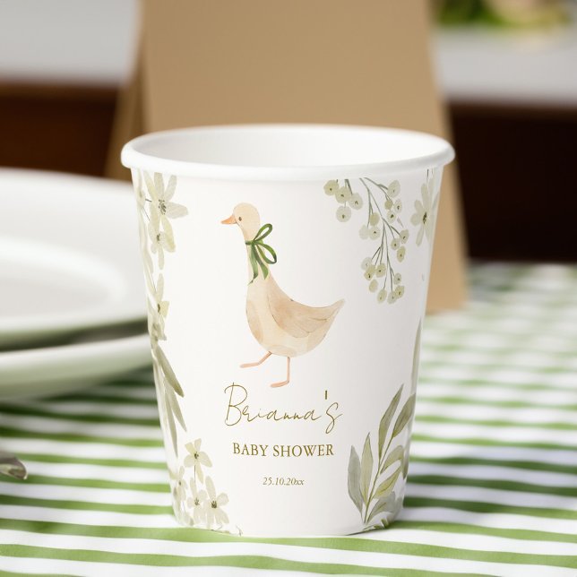 Goose nursery rhymes baby shower monogrammed paper cups (Goose nursery rhymes baby shower monogrammed paper cups personalized table decor sage green beige)