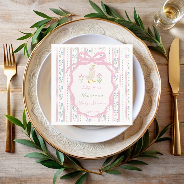 Goose nursery rhymes pink girls baby shower custom napkins (Goose nursery rhymes pink bow ribbon preppy girls baby shower custom napkins personalized decor)