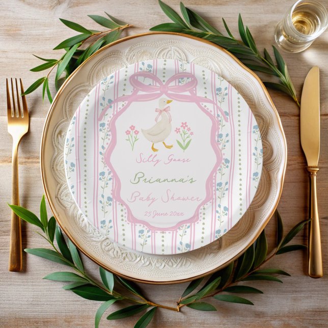 Goose nursery rhymes pink girls baby shower custom paper plates (Goose nursery rhymes pink ribbon girls preppy silly goose baby shower custom paper plates)