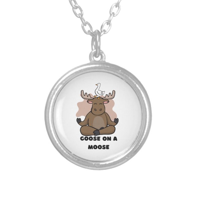 Goose on a Moose Animal Funny Silver Plated Necklace (Front)