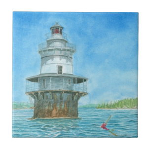 Goose Rocks Lighthosue Watercolor Ceramic Tile