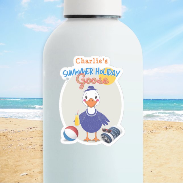 Goose Summer Holiday Fun Cute Personalized Sticker (Vinyl cut-out sticker with fun 'Summer Holiday Goose' design, personalized with a name)