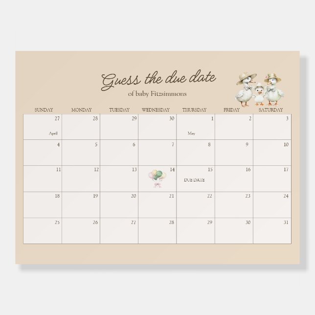 Goose Theme Guess the Due Date Baby Shower Game Foam Board (Front)