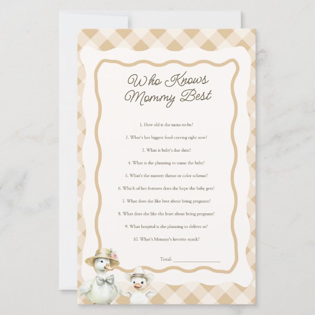 Goose Themed Who Knows Mommy Best Baby Shower Game (Front)