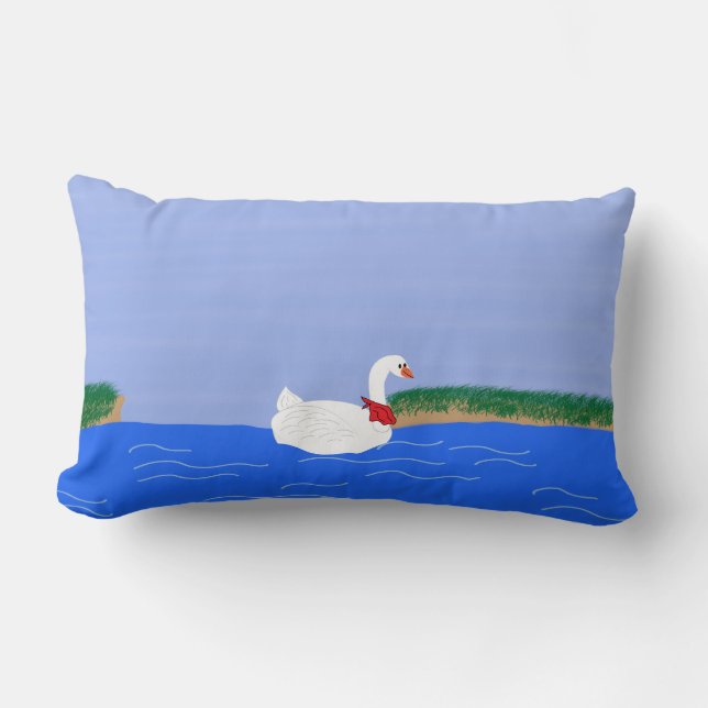 Goose White in Lake Cartoon Art Lumbar Pillow (Front)