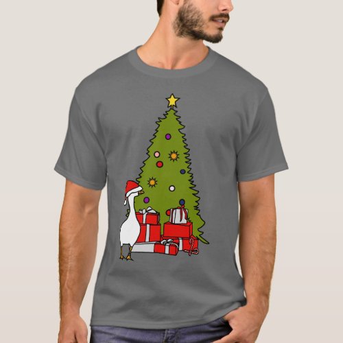 Goose with Stolen Santa Hat by Christmas Tree T_Shirt