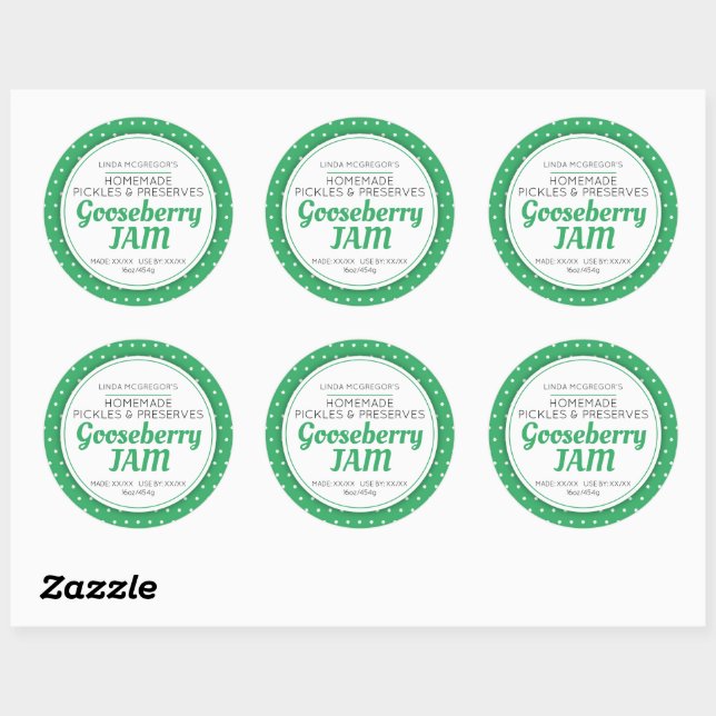 Gooseberry jam green white polka preserve food jar classic round sticker (Sheet)