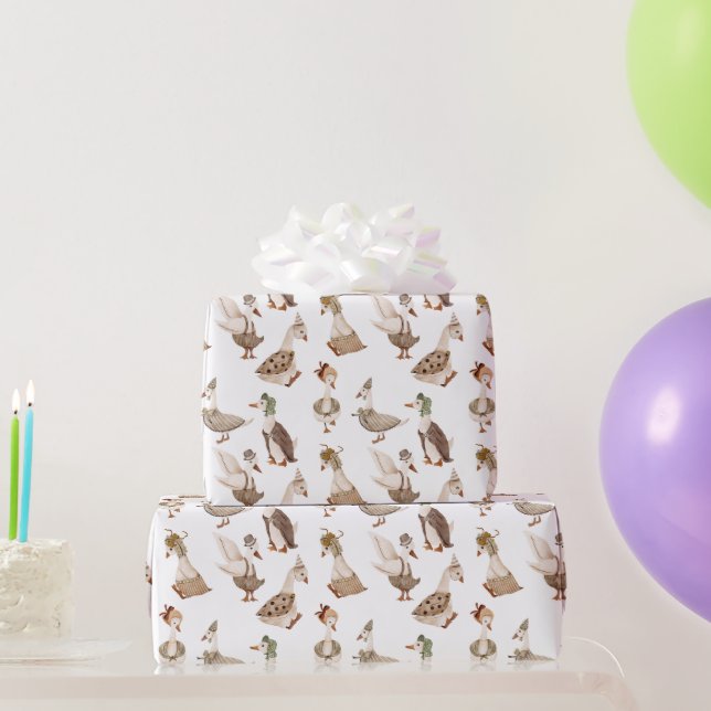 Goosey Gander Fancy Dress Geese, White Wrapping Paper (Party Gifts)