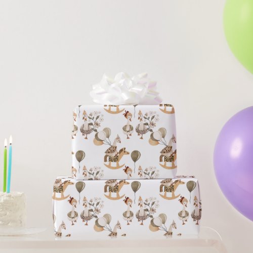 Goosey Gander Rocking Horse Balloons White Wrapping Paper