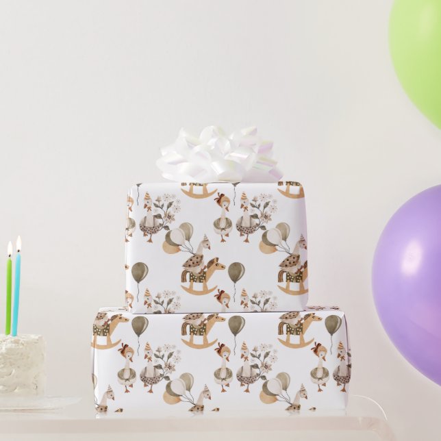 Goosey Gander Rocking Horse, Balloons, White Wrapping Paper (Party Gifts)
