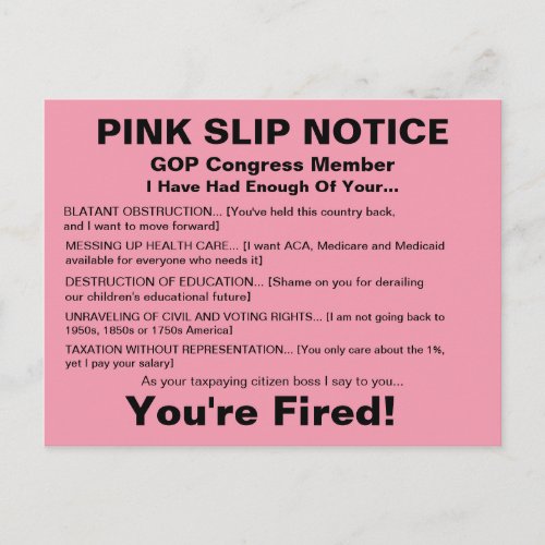 GOP Congress Pink Slip Notice Postcard