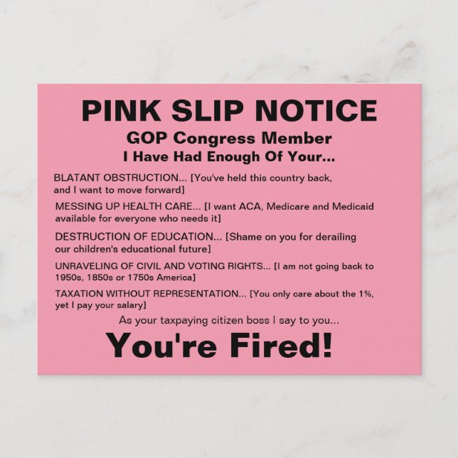 GOP Congress Pink Slip Notice Postcard (Front)