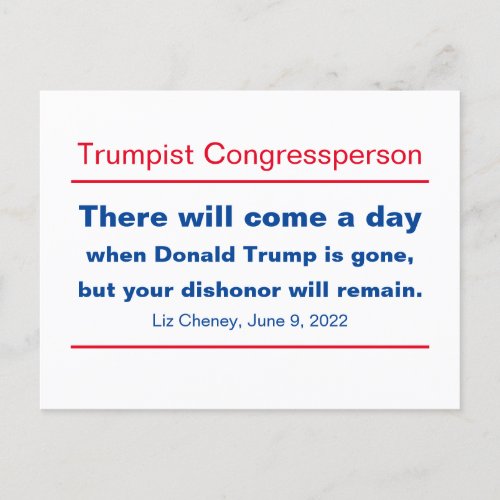 GOP Congress Your Dishonor Will Remain Cheney Postcard