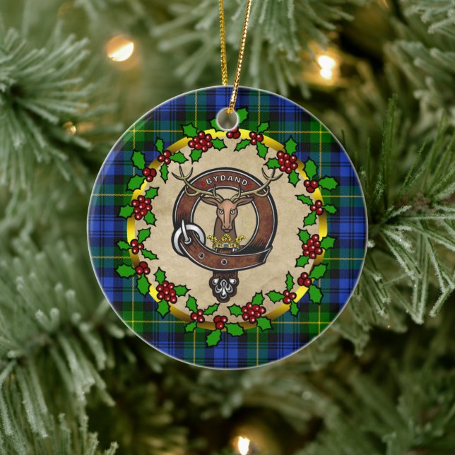 Gordon Clan Badge & Tartan Personalized Xmas Ceramic Ornament (Tree)